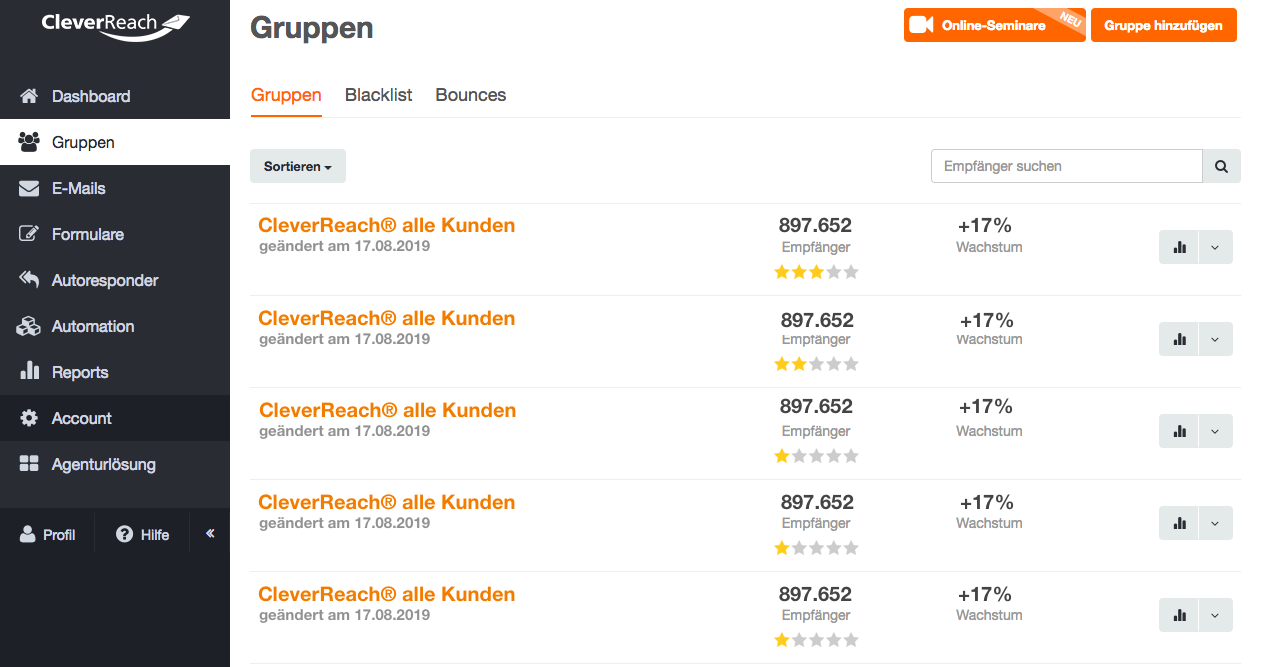 screenshot: CleverReach Empfängerlisten schnell und einfach erstellen und verwalten