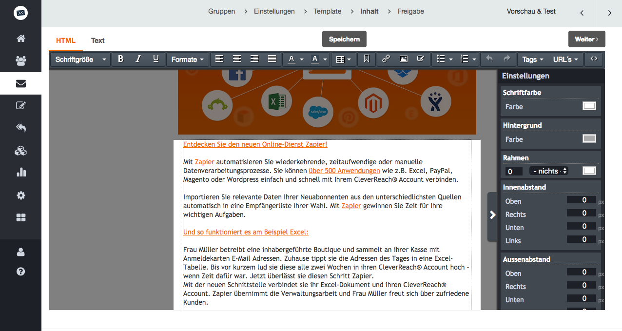 screenshot: screenshot: Der CleverReach® Newsletter Editor - fügen Sie individualisierte Inhalte ein