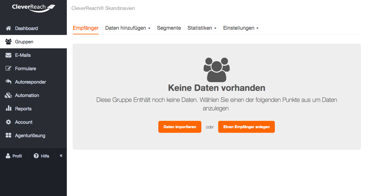 Screenshot: • Wählen Sie innerhalb der Gruppe über „Daten hinzufügen“ „Import“ aus.