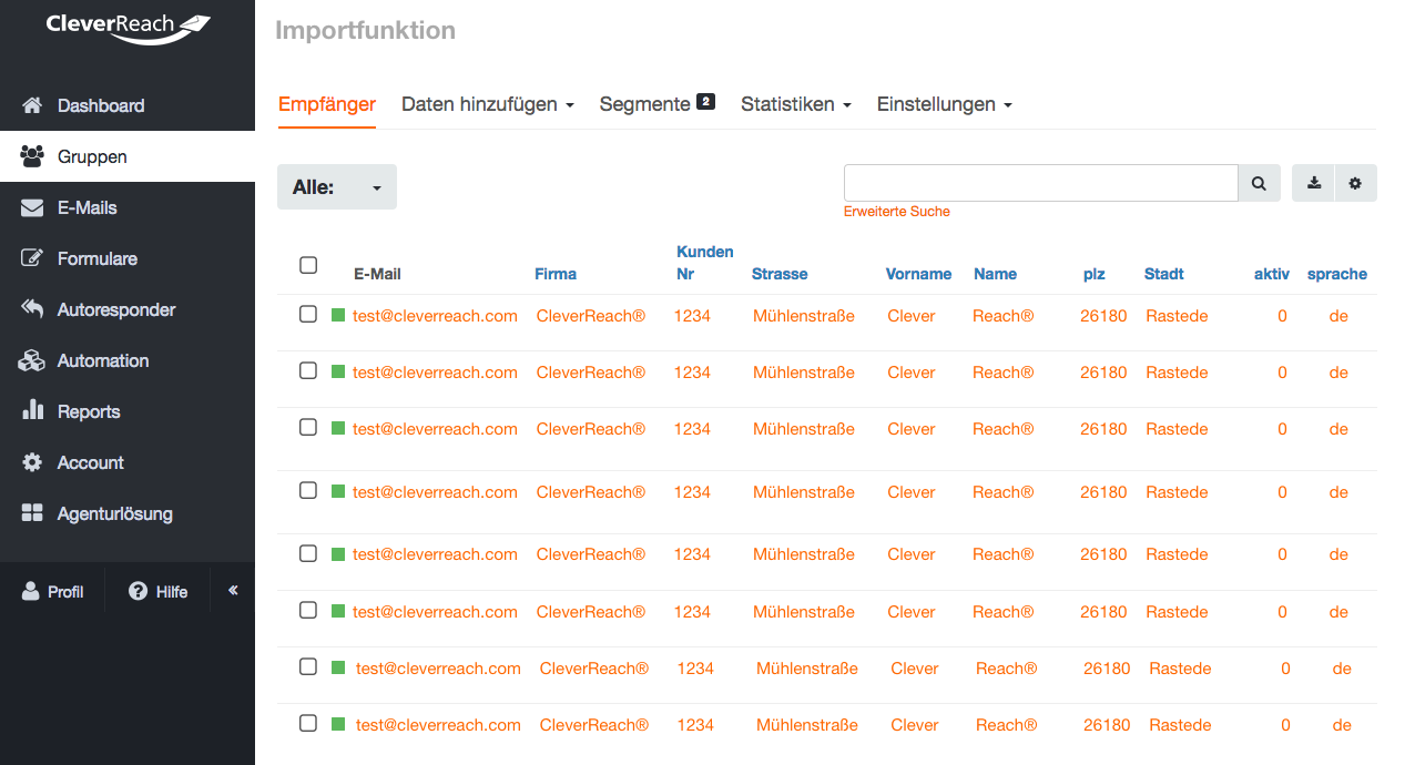 Screenshot: Wir möchten Ihnen den Versand Ihrer Newsletter so einfach und bequem wie möglich machen, und dazu gehört für uns auch der schnelle und unkomplizierte Import Ihrer Adressdaten: