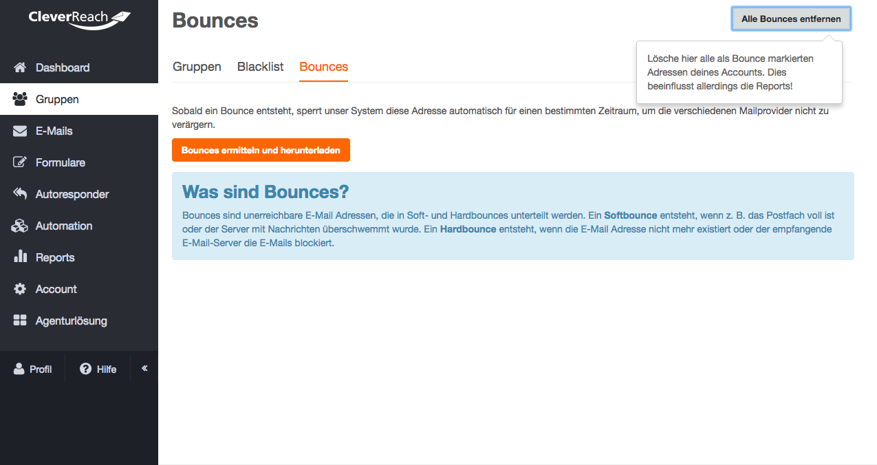 Screenshot: Wie erfahre ich von Bounces?