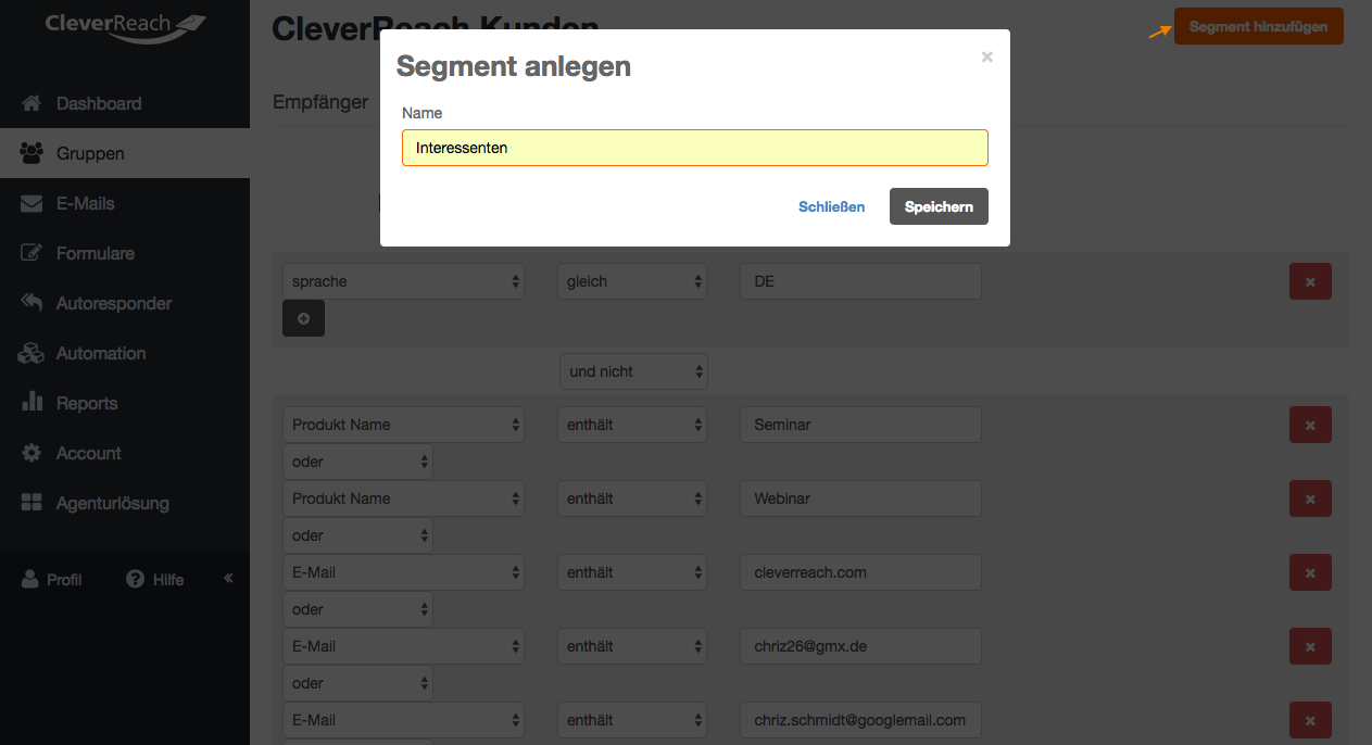 screenshot: Und so legen Sie ein Segment an