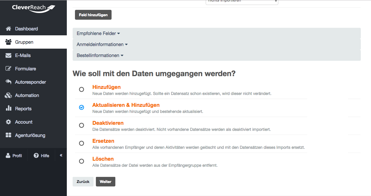 Screenshot: Sie haben innerhalb der Importfunktion folgende Optionen: