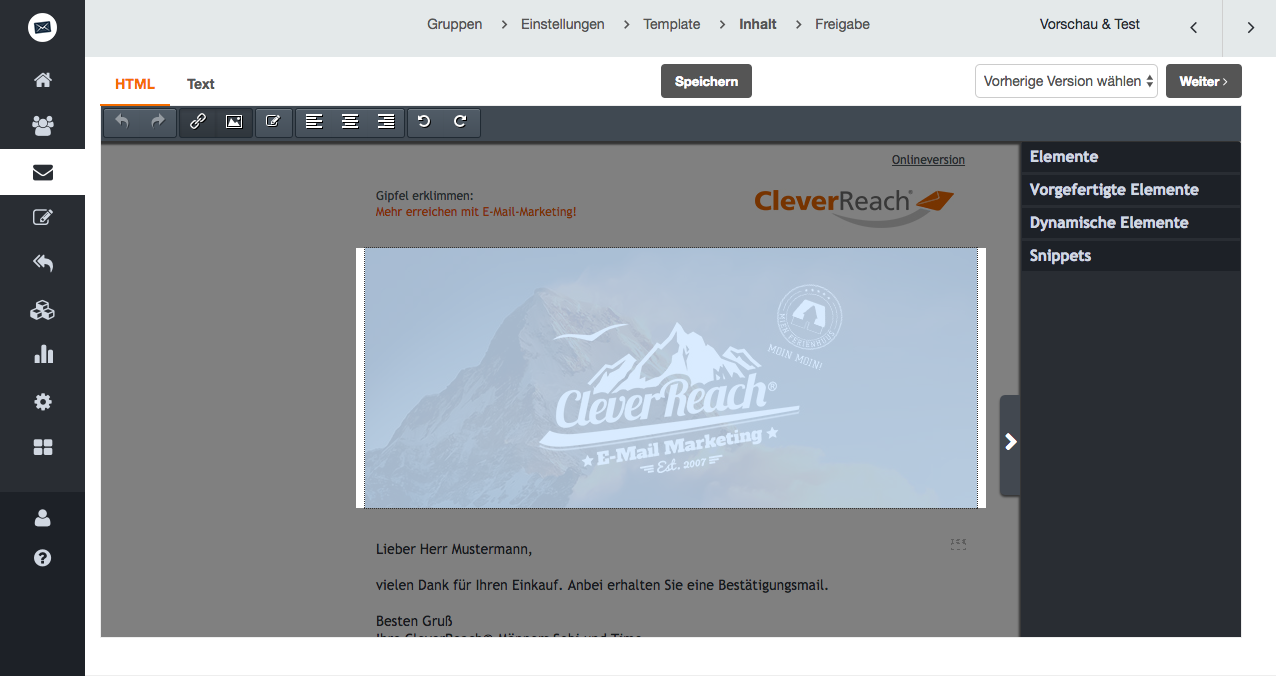 screenshot: Um die Bilder hochzuladen, klicken Sie innerhalb des Mailings auf ein Bild-Element, das Sie zuvor mit dem Drag&Drop-Editor in Ihrem Mailing an die gewünschte Stelle gezogen haben