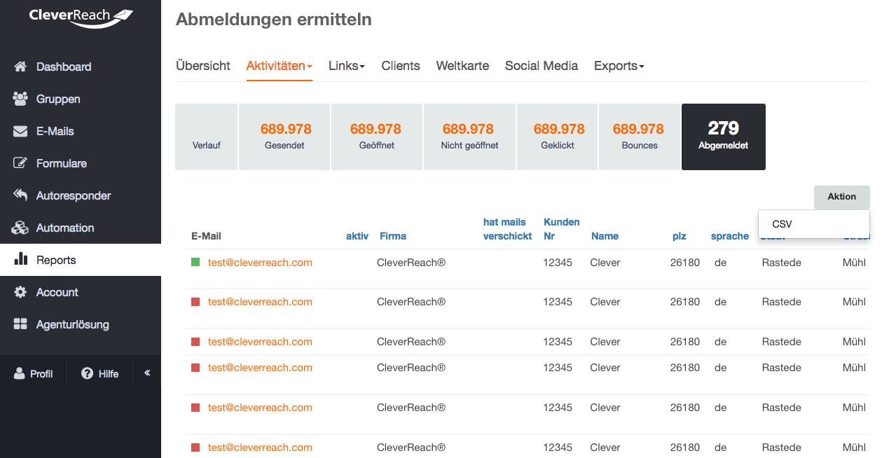 screenshot: • über Reports: Sie sehen die Abmelderate in der Übersicht zum betreffenden Mailing.