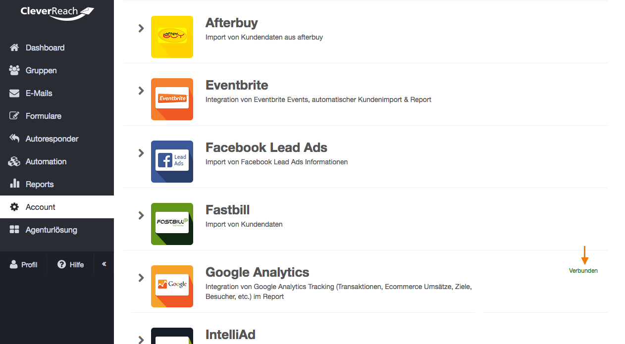 Screenshot: Um das Google Analytics-Tracking zu aktivieren, muss die verlinkte Webseite über Google Analytics verfügen. Bei der Auswertung können Sie Ihr Mailing mit CleverReach® als Kampagnenquelle finden
