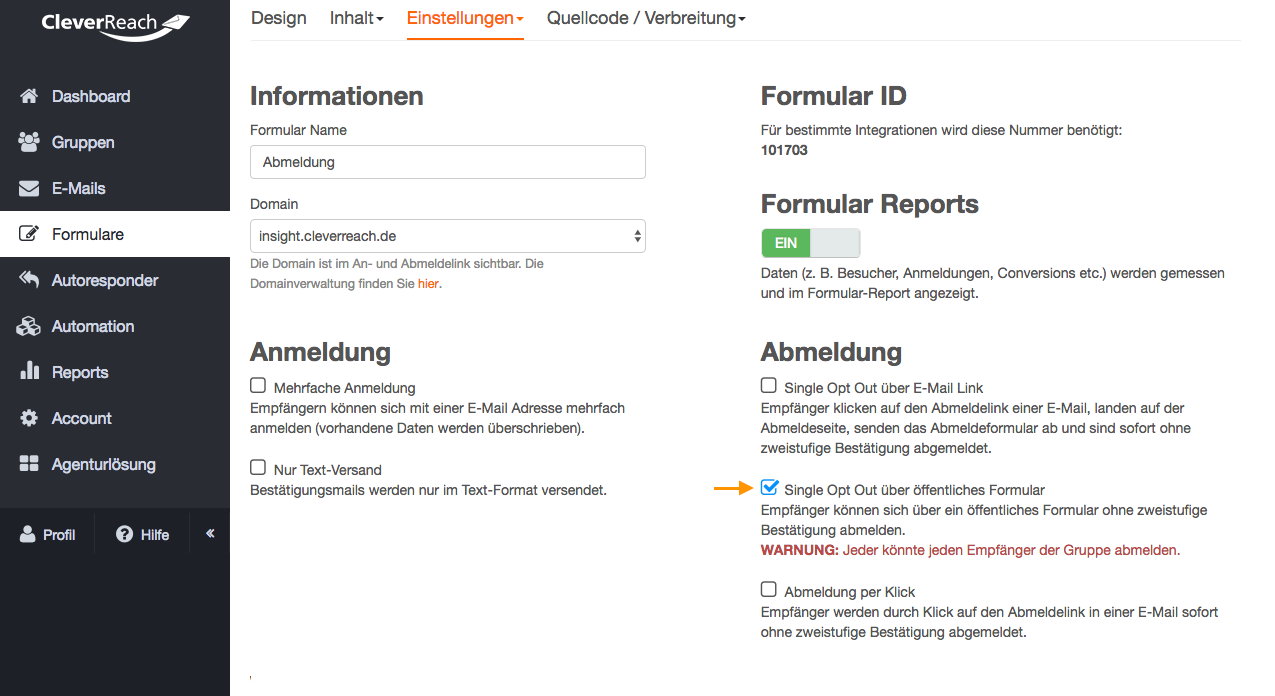 screenshot: Single-Opt-Out über ein öffentliches Formular