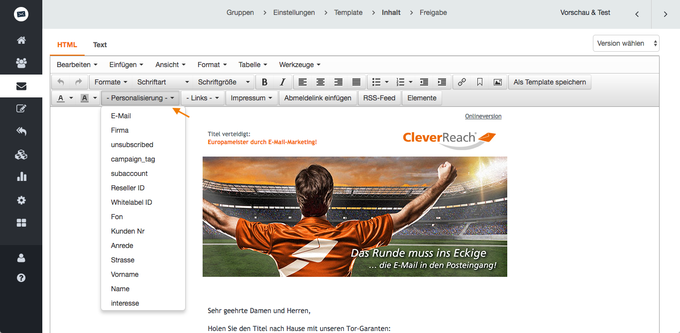 screenshot: Auch im HTML-Editor können Sie Platzhalter einfügen; diese finden Sie unter „Platzhalter“screenshot: Auch im HTML-Editor können Sie Platzhalter einfügen; diese finden Sie unter „Platzhalter“