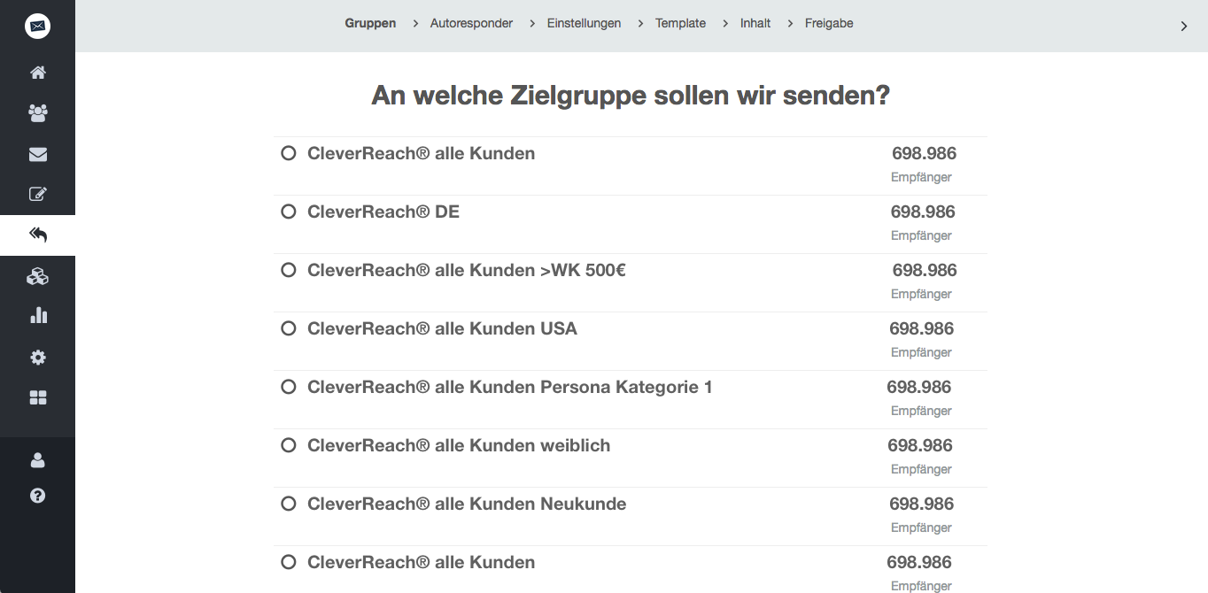screenshot: Wählen Sie die neu angelegte Empfängergruppe aus.