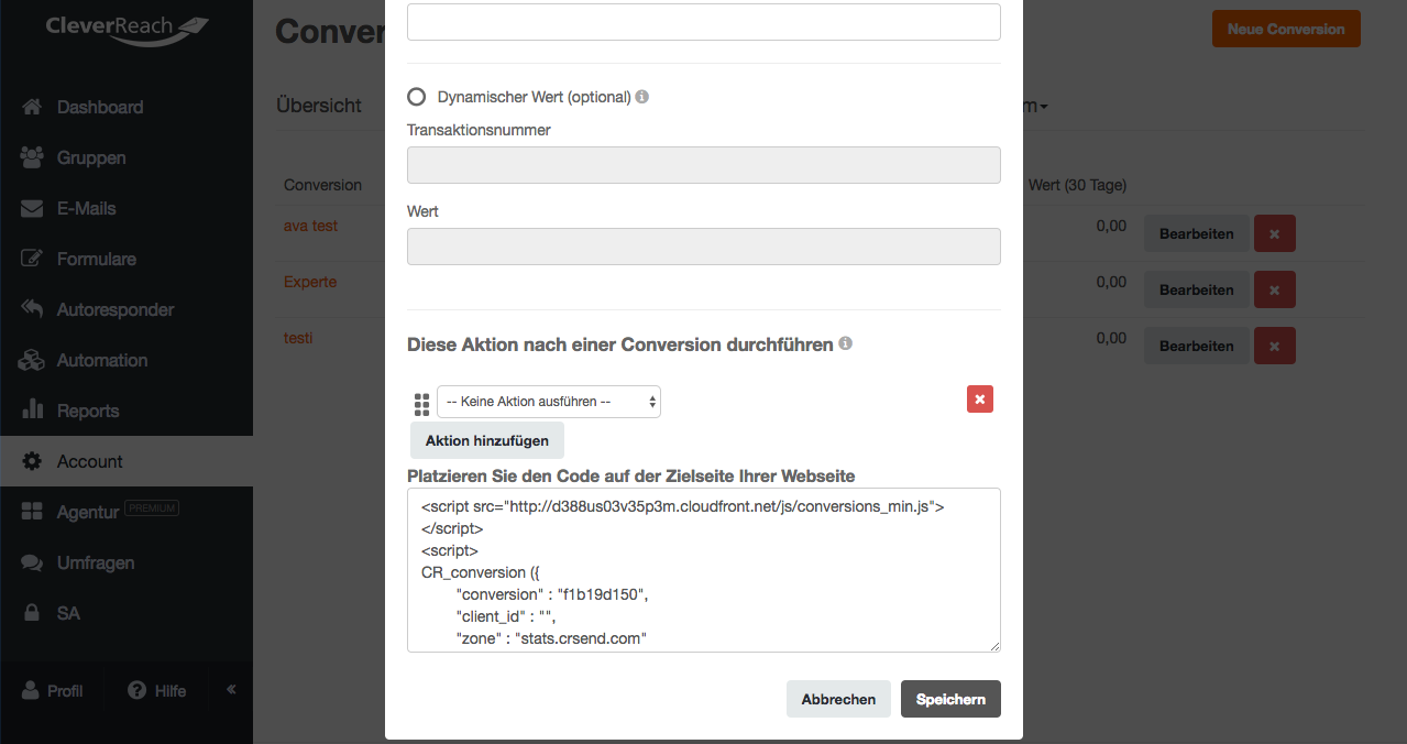 screenshots: So richten Sie das Conversion Tracking in CleverReach® ein