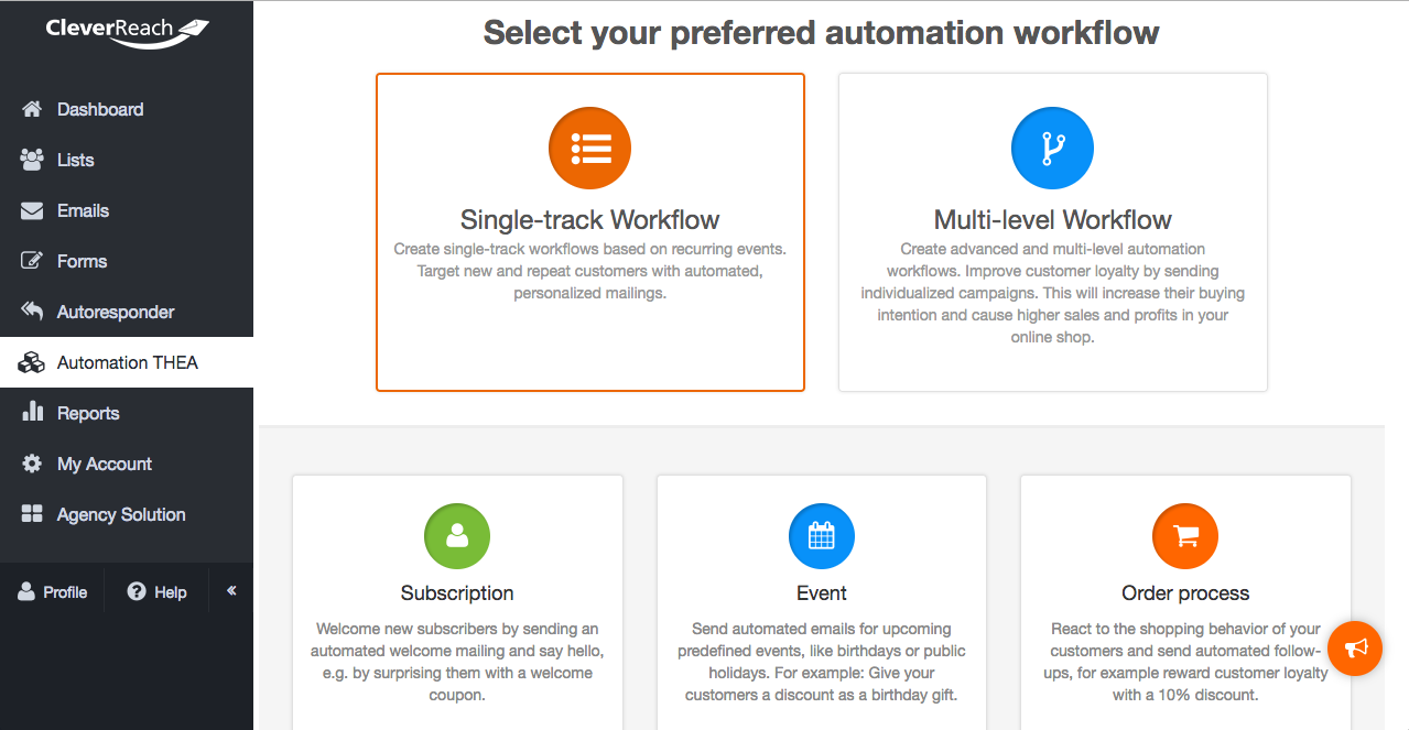 scrennshot: THEA put into practice – Marketing Automation in 5 steps 1. Select an Automation type