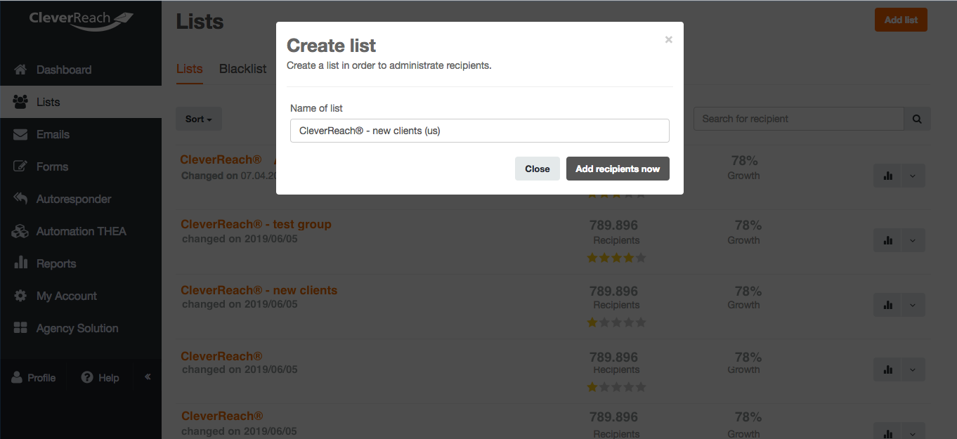 screenshot: Create a new list for your mailing – all with just one click!