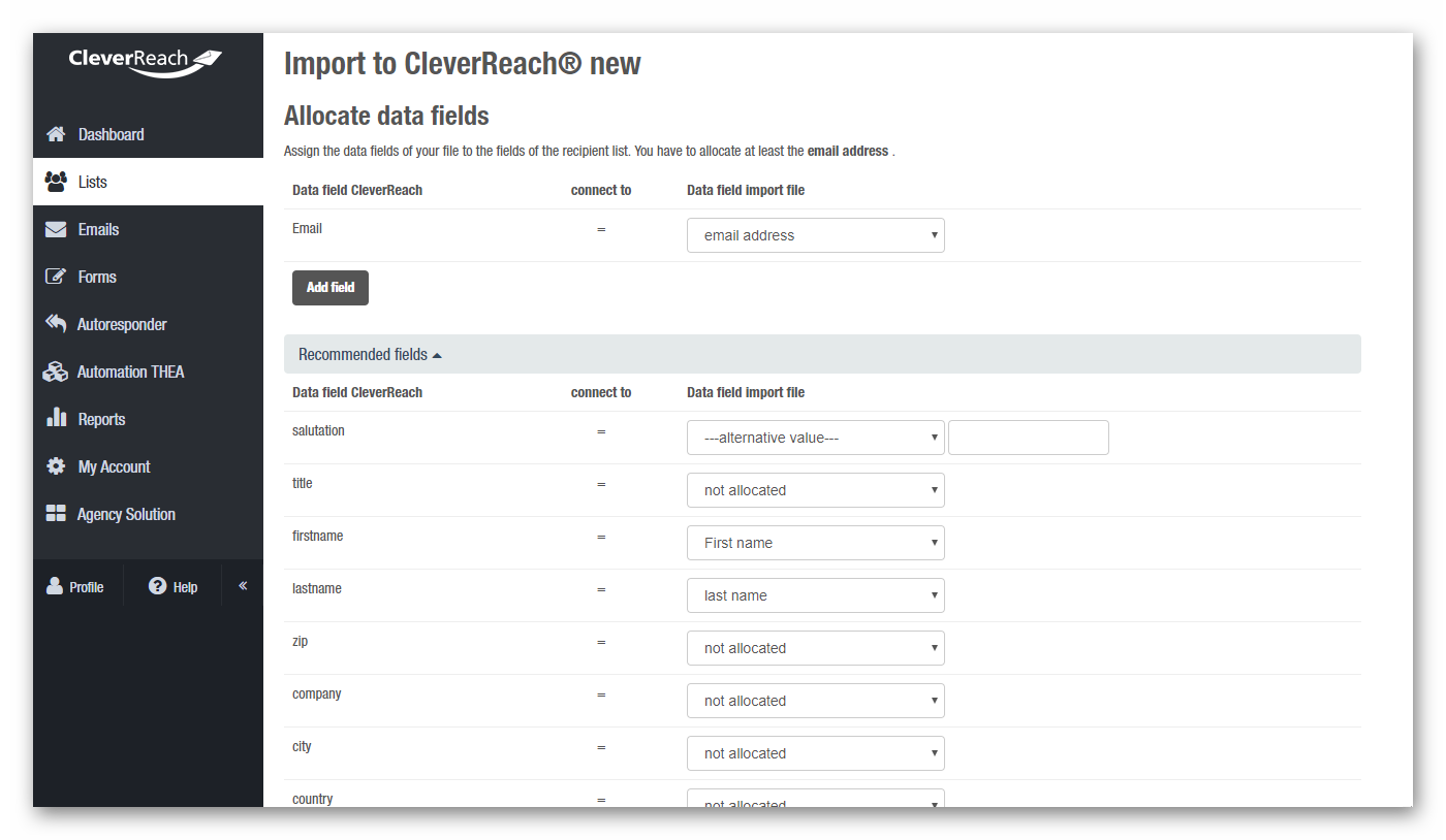 Match the data of your import file to the existing data fields in CleverReach®