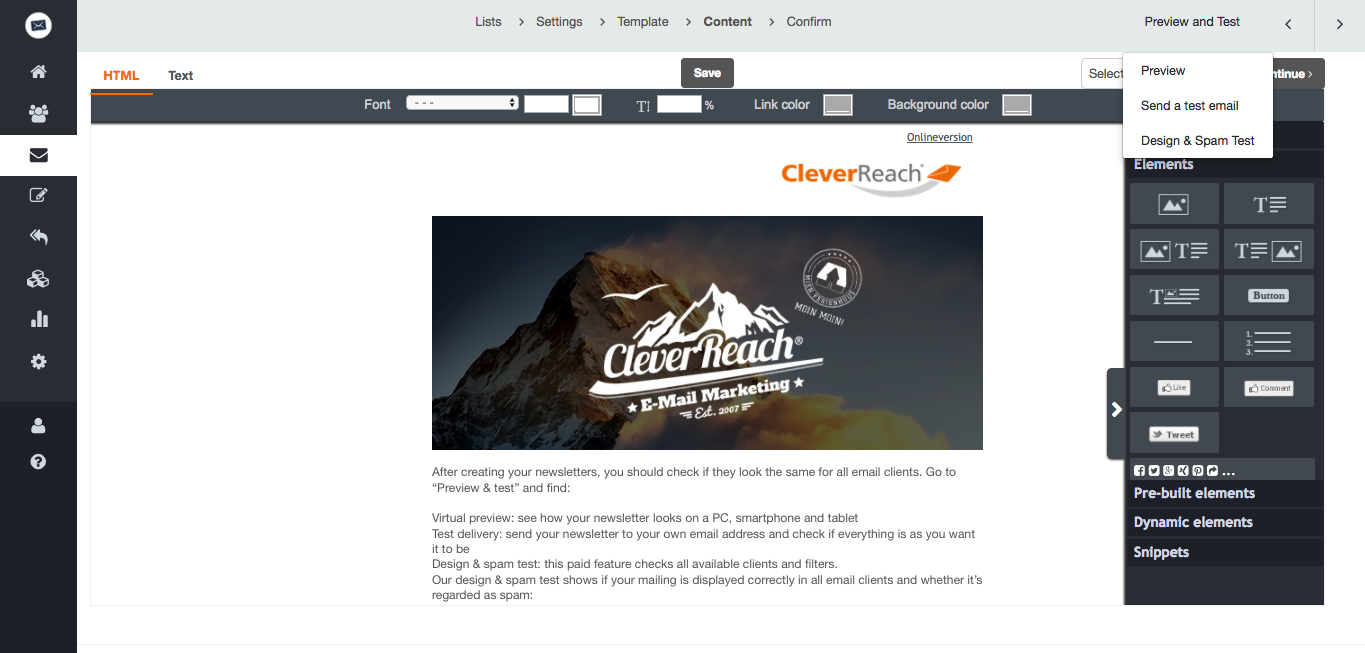 screenshot: cleverreach editor