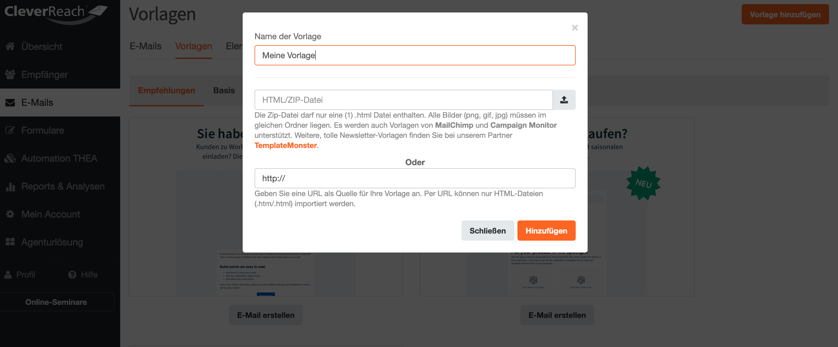 Template Converter - Vorlage hinzufügen - CleverReach