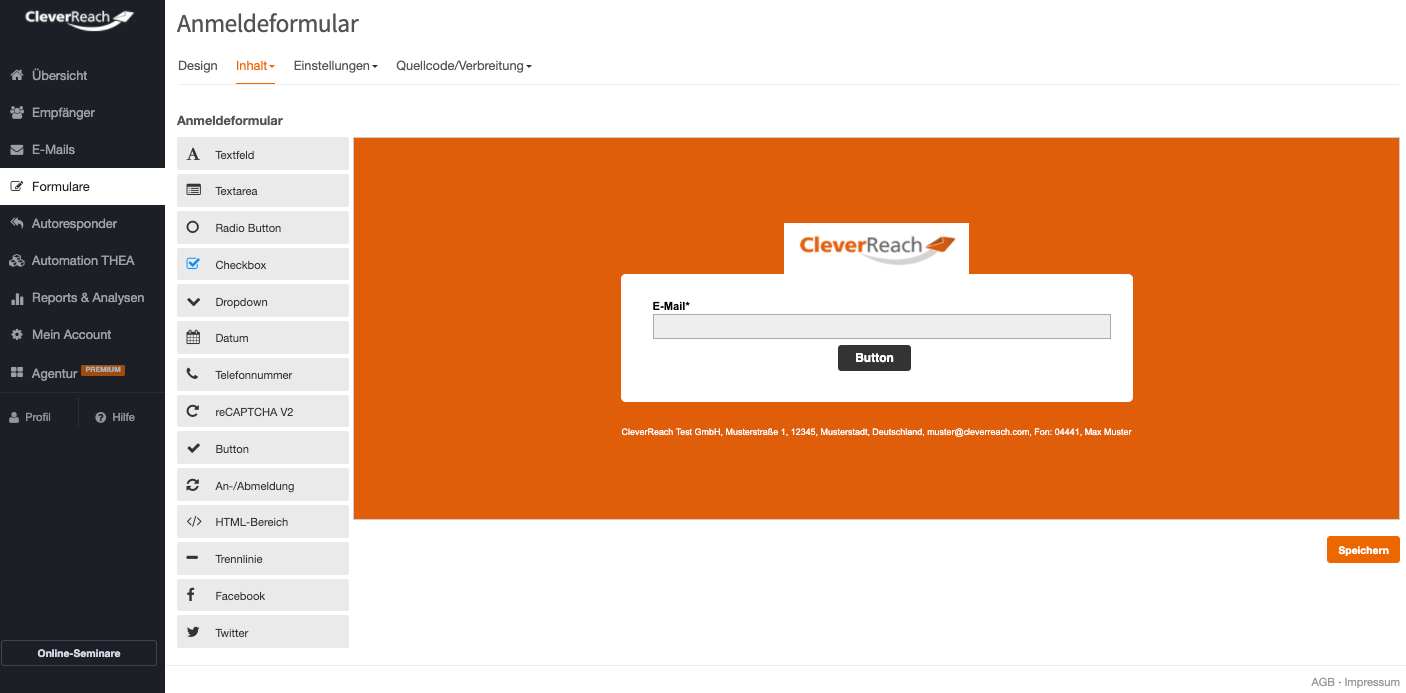 Screenshot Anmeldeformuar erstellen 2. Schritt Inhalt und weitere Optionen - CleverReach