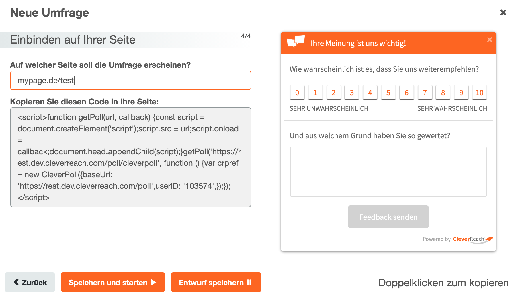 NPS-Umfrage einbinden - URL eingeben und Code kopieren - Clever Reach®