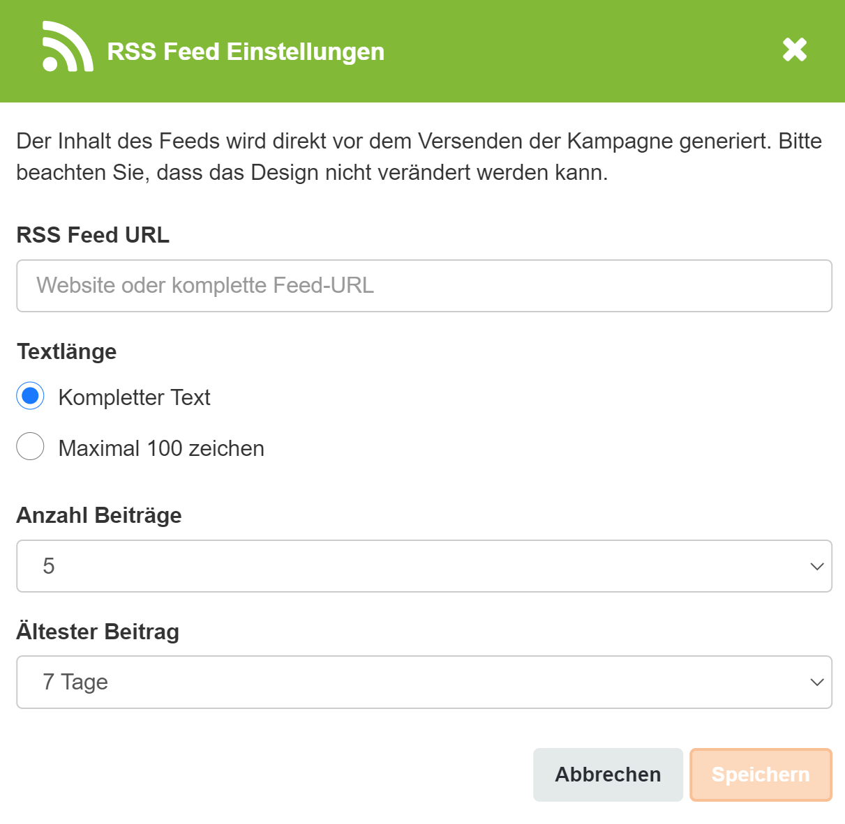 RSS Feed Einstellungen Screenshot